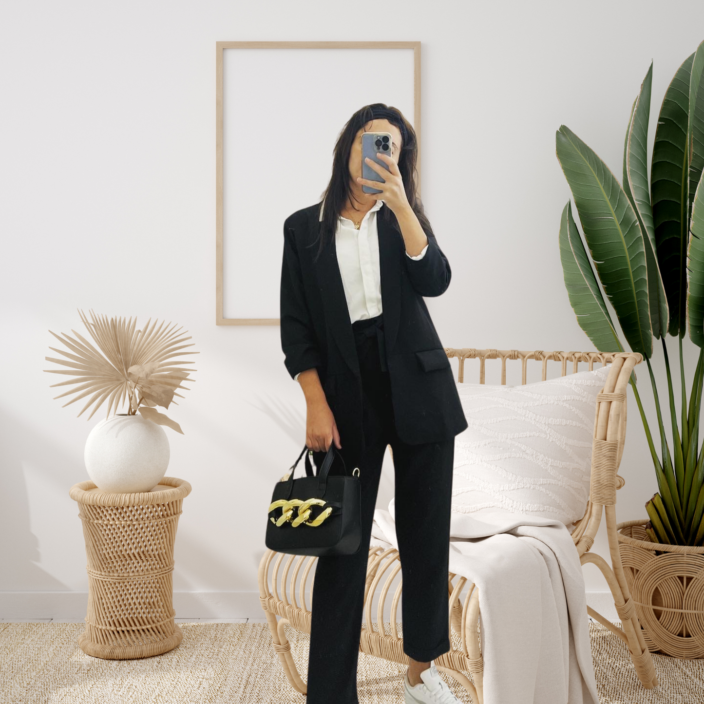 Light Gray Ensemble tailleur Blazer manches plissées et pantalon Noir