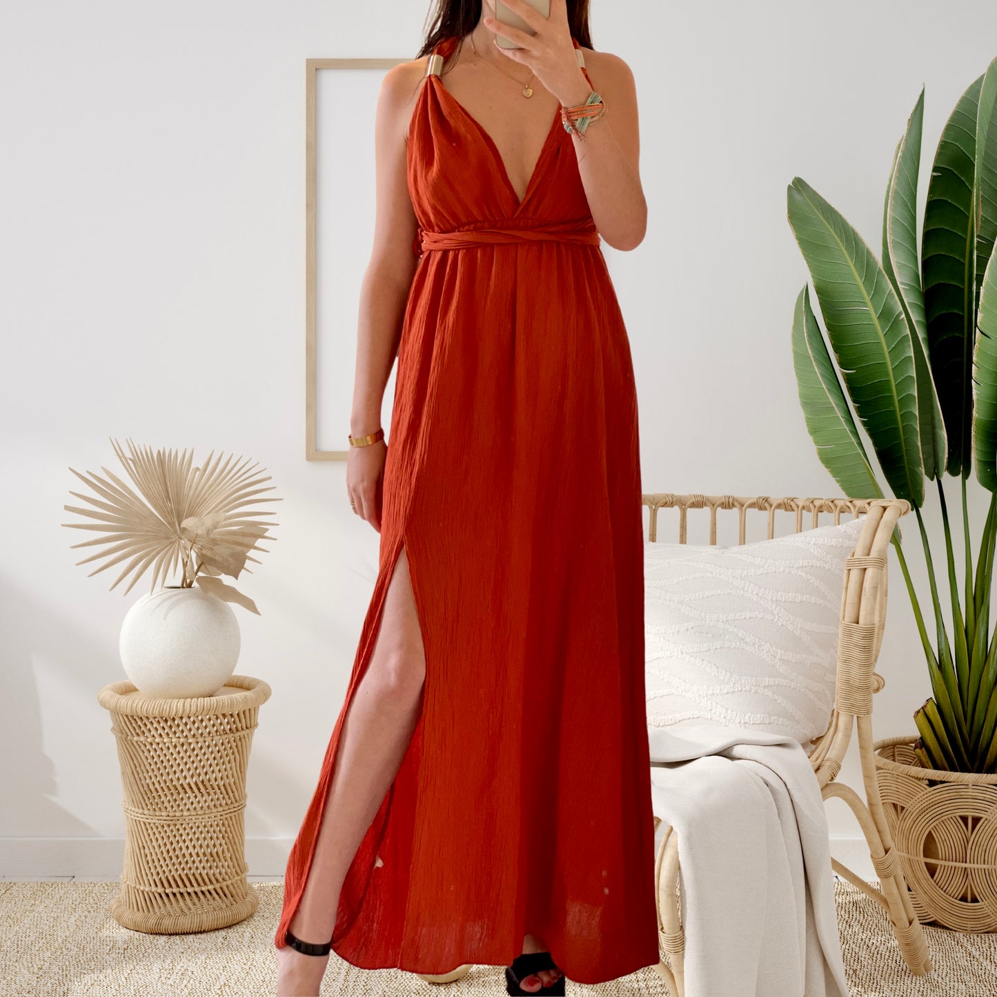 Robe longue dos nu terracotta rouille