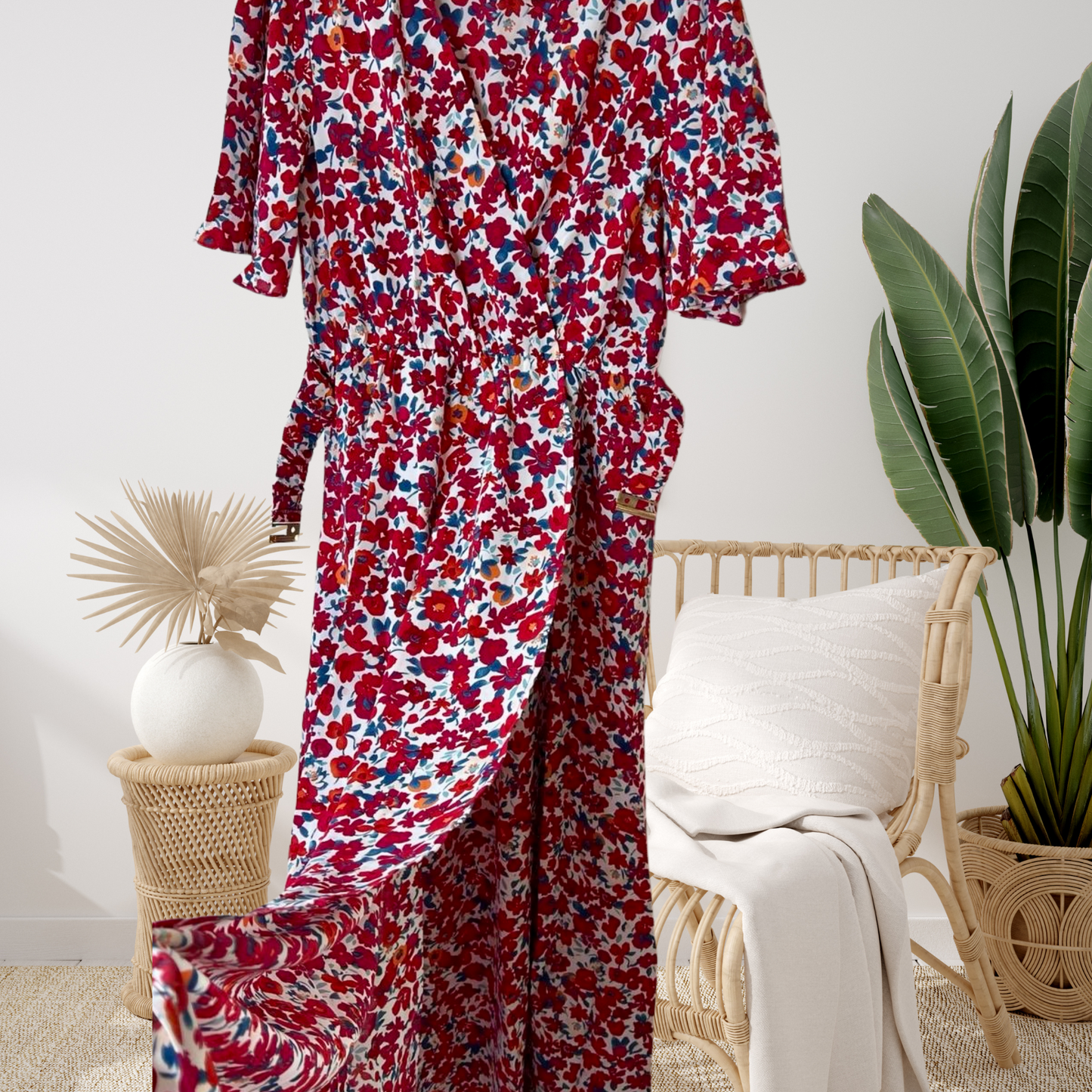 Light Gray Robe longue fendue avec petites Fleurs rouges