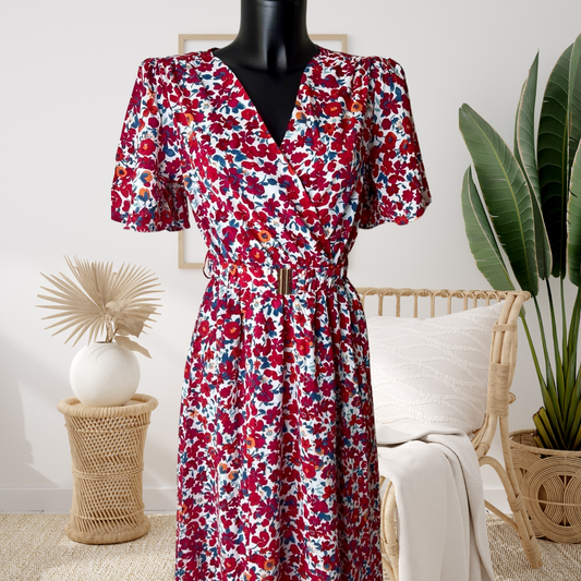 Light Gray Robe longue fendue avec petites Fleurs rouges