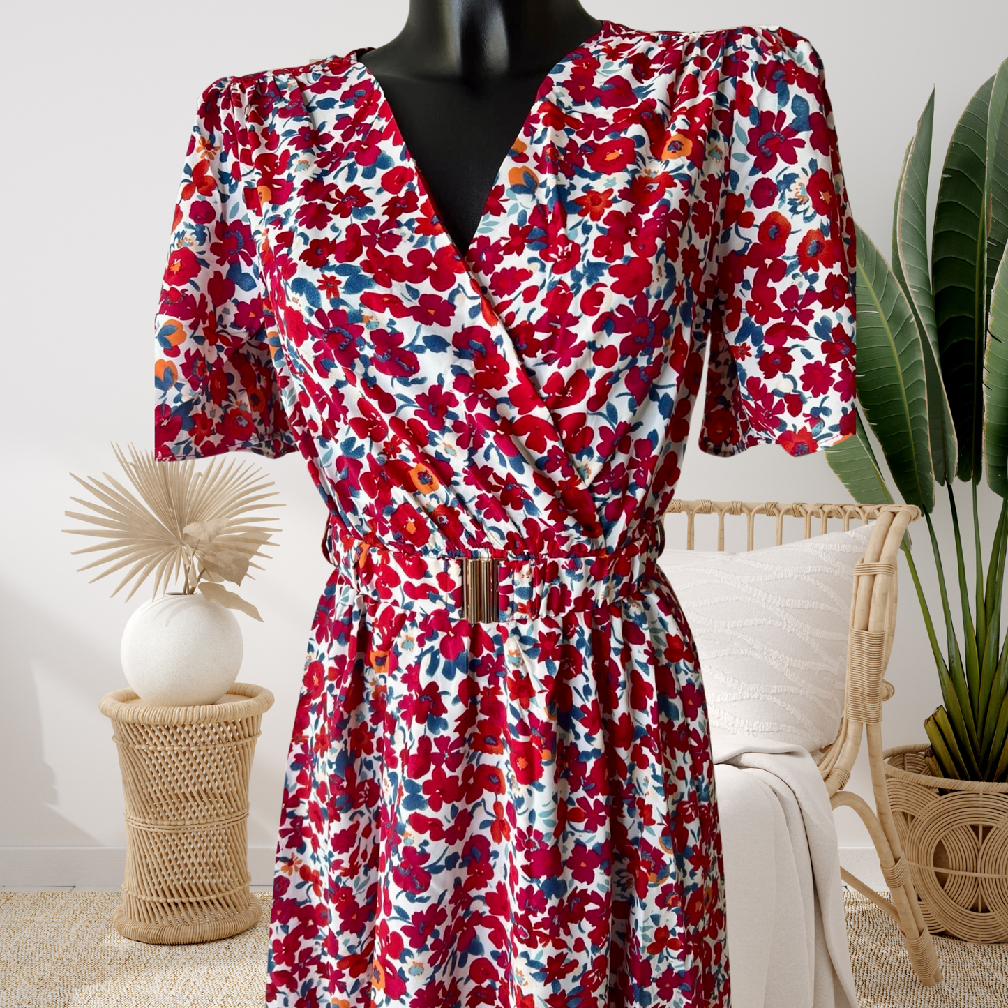 Light Gray Robe longue fendue avec petites Fleurs rouges