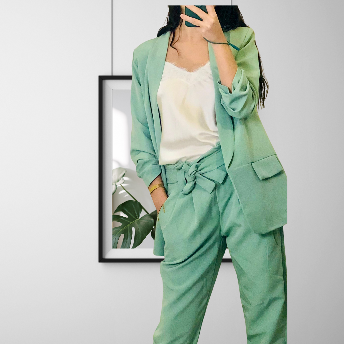 Light Gray Ensemble tailleur blazer veste manches froncées vert d’eau