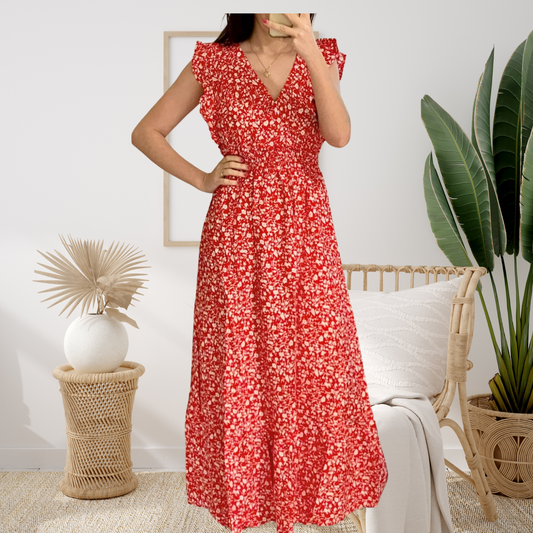 Light Gray Robe longue rouge avec petitesfleurs rouges