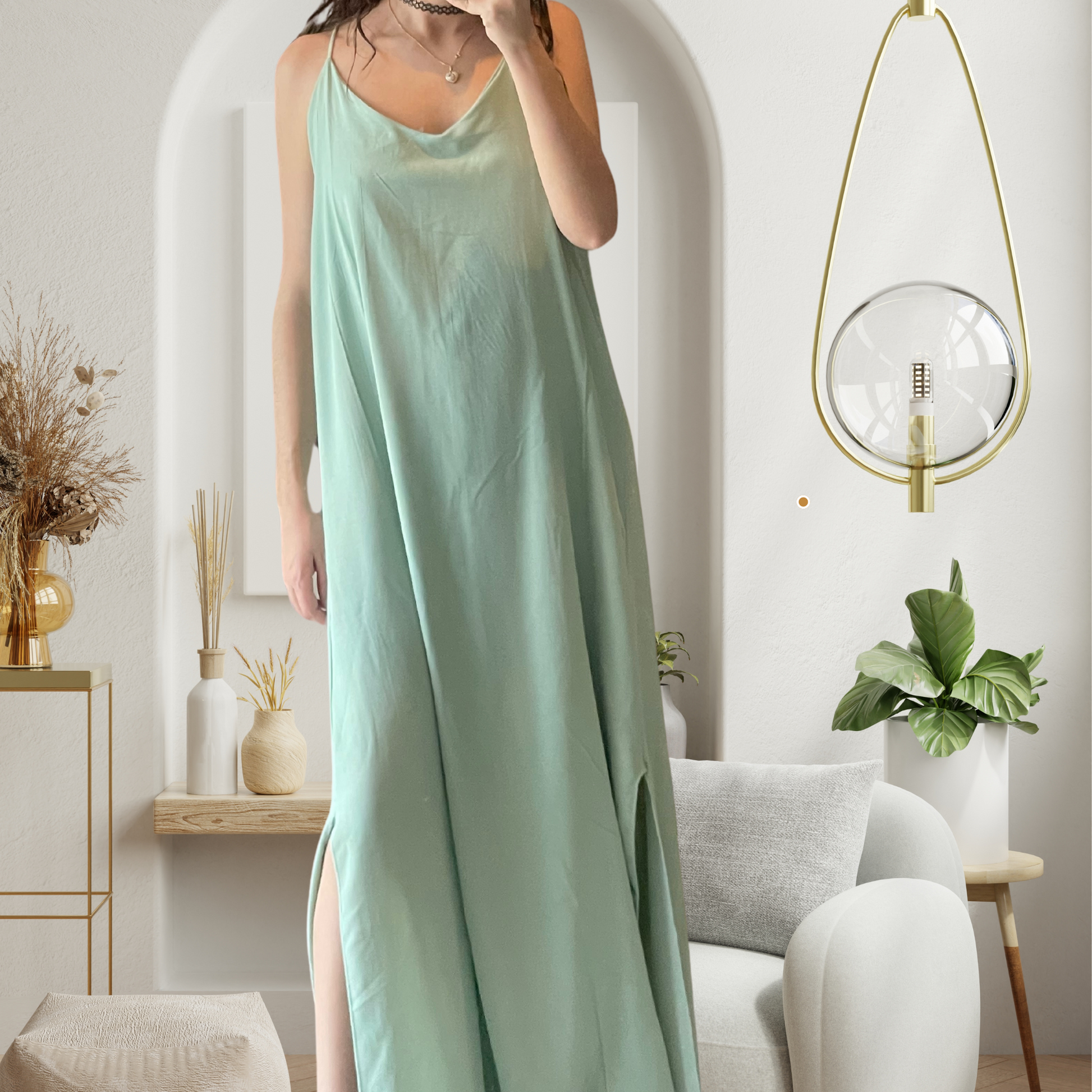 Gray Robe longue bretelles dos croisées Vert Eau