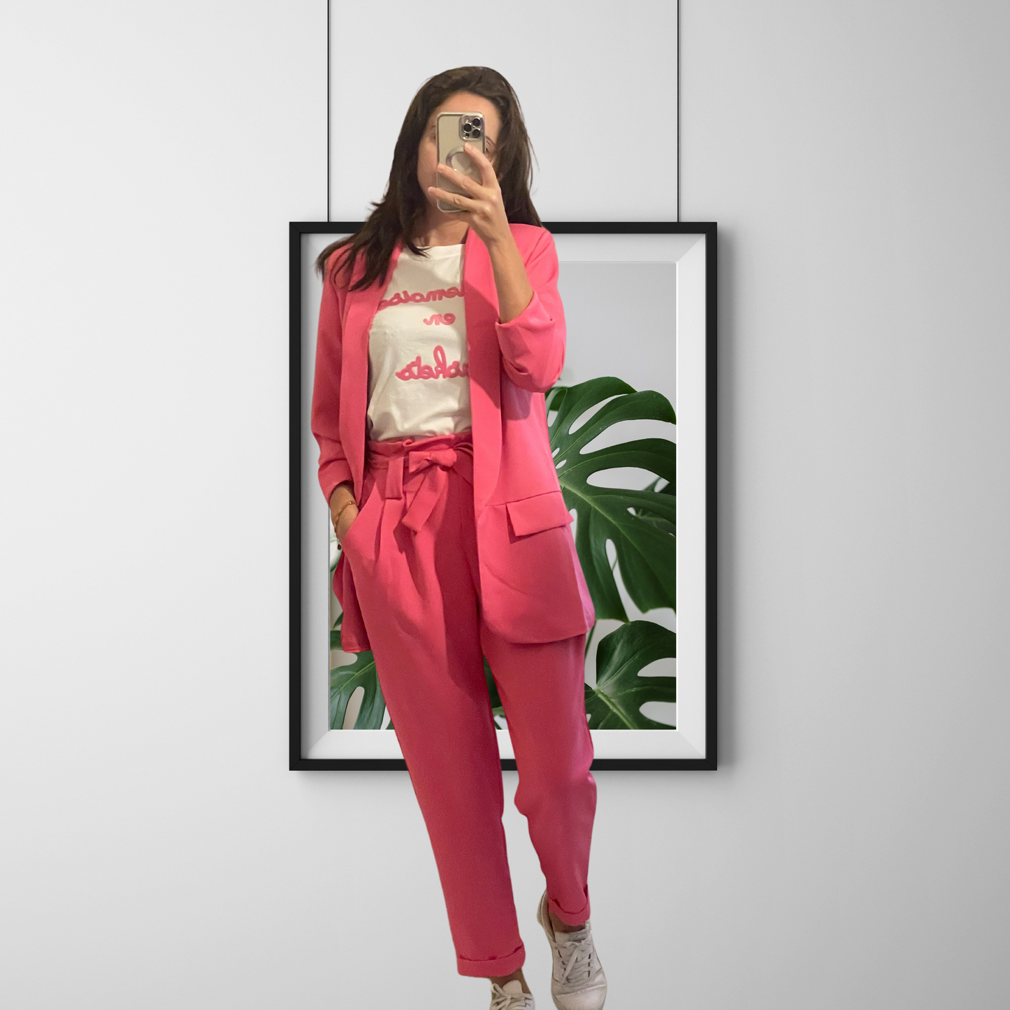 Light Gray Ensemble tailleur blazer veste rose Fushia