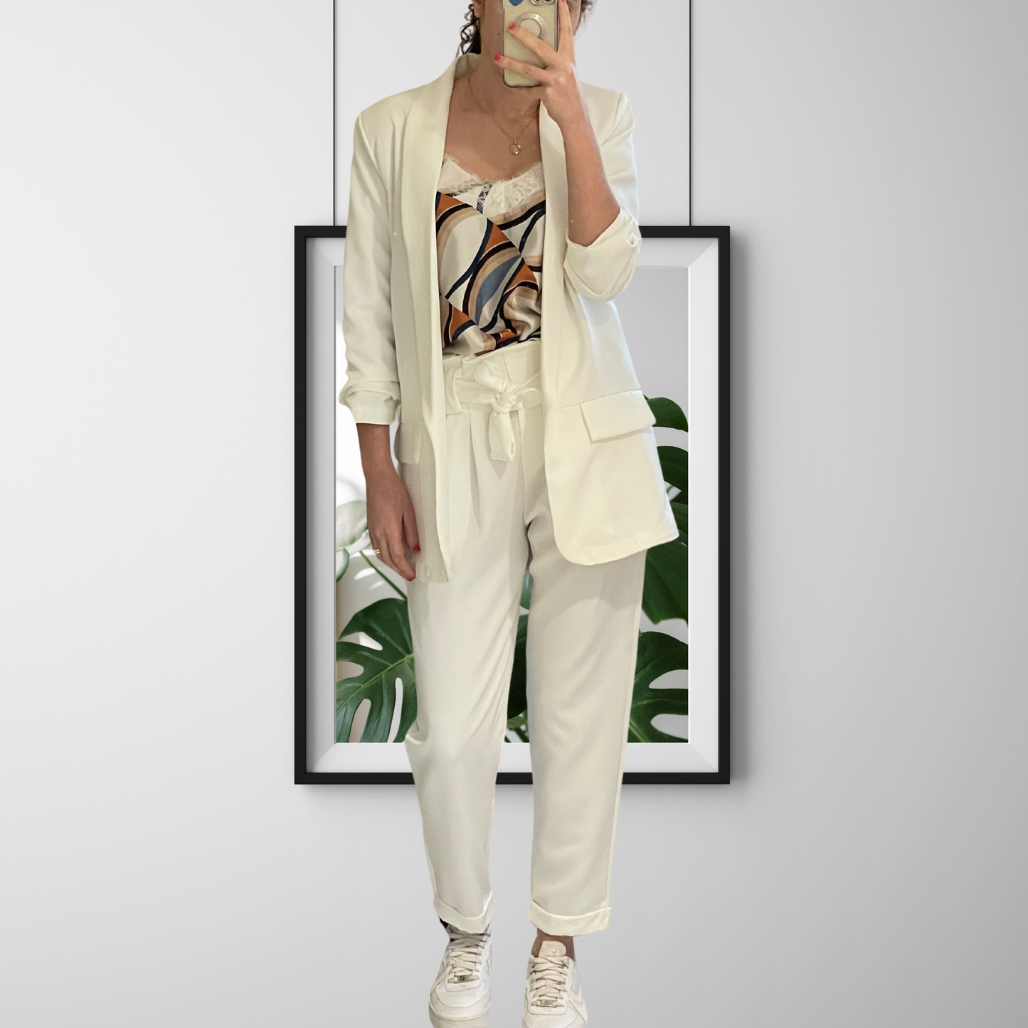 Light Gray Ensemble blazer manches plissées et pantalon Blanc