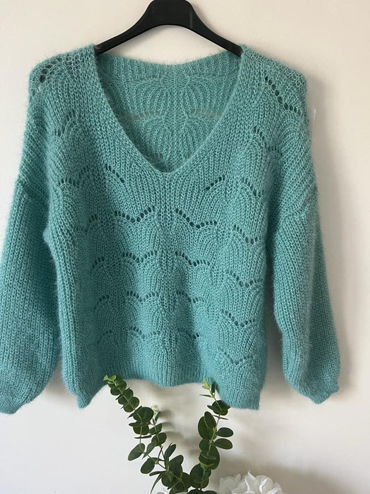 Dim Gray Pull maille Ajourée avec Mohair Vert Eau