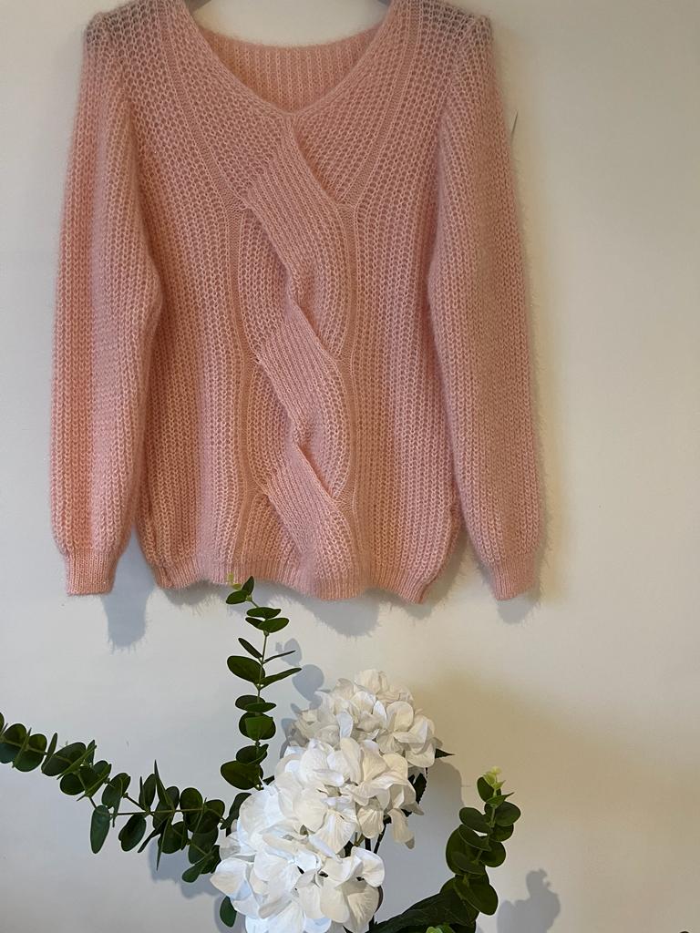 Rosy Brown Pull maille avec Mohair torsade Rose pale