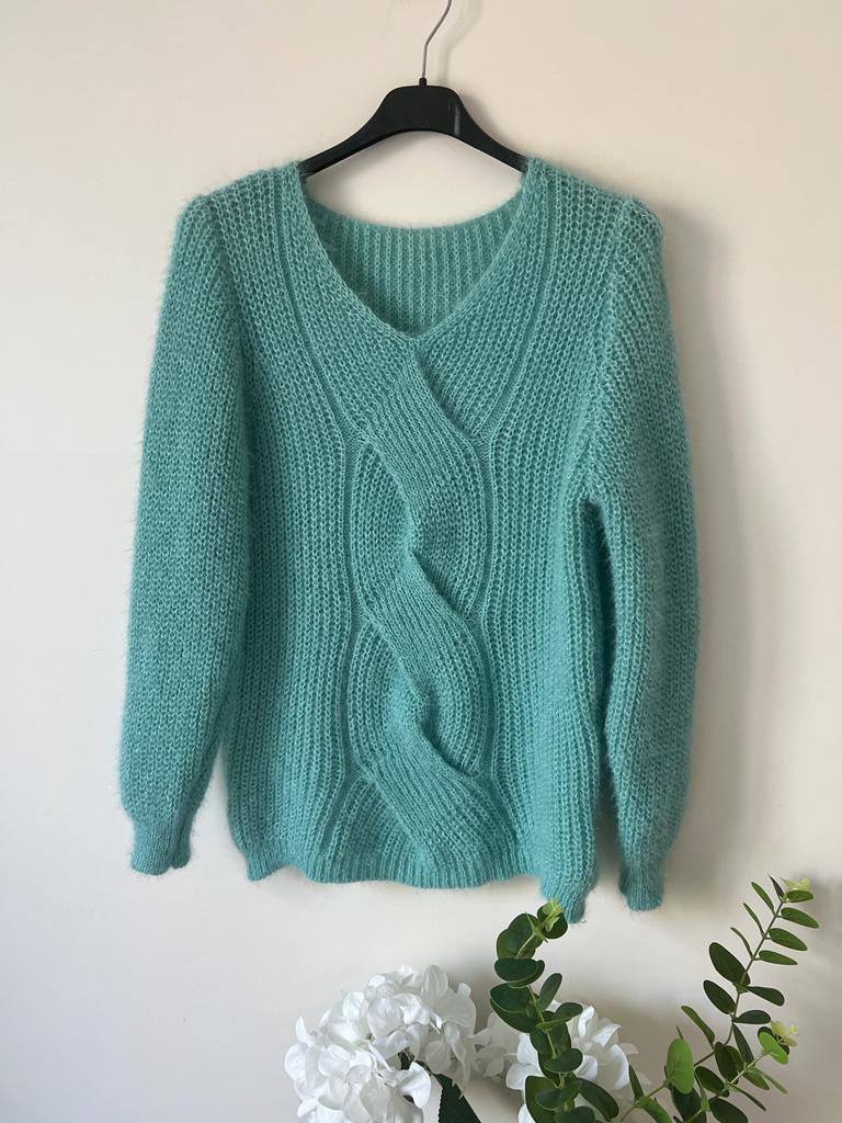 Light Gray Pull maille avec Mohair torsade Vert Eau