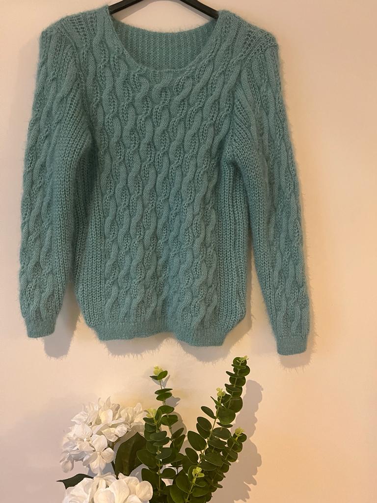 Tan Pull maille tressé avec mohair Vert eau