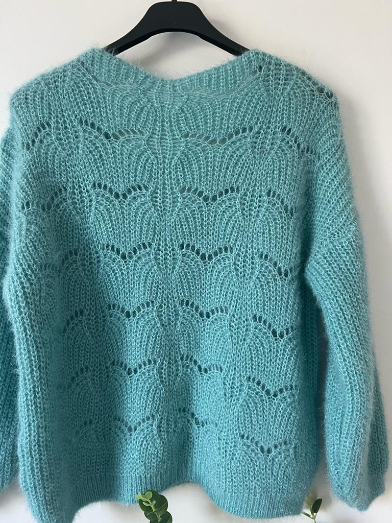 Slate Gray Pull maille Ajourée avec Mohair Vert Eau