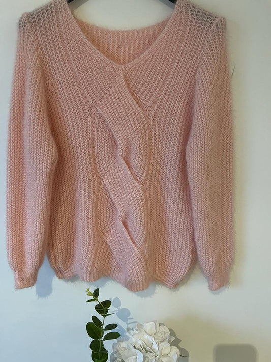 Rosy Brown Pull maille avec Mohair torsade Rose pale