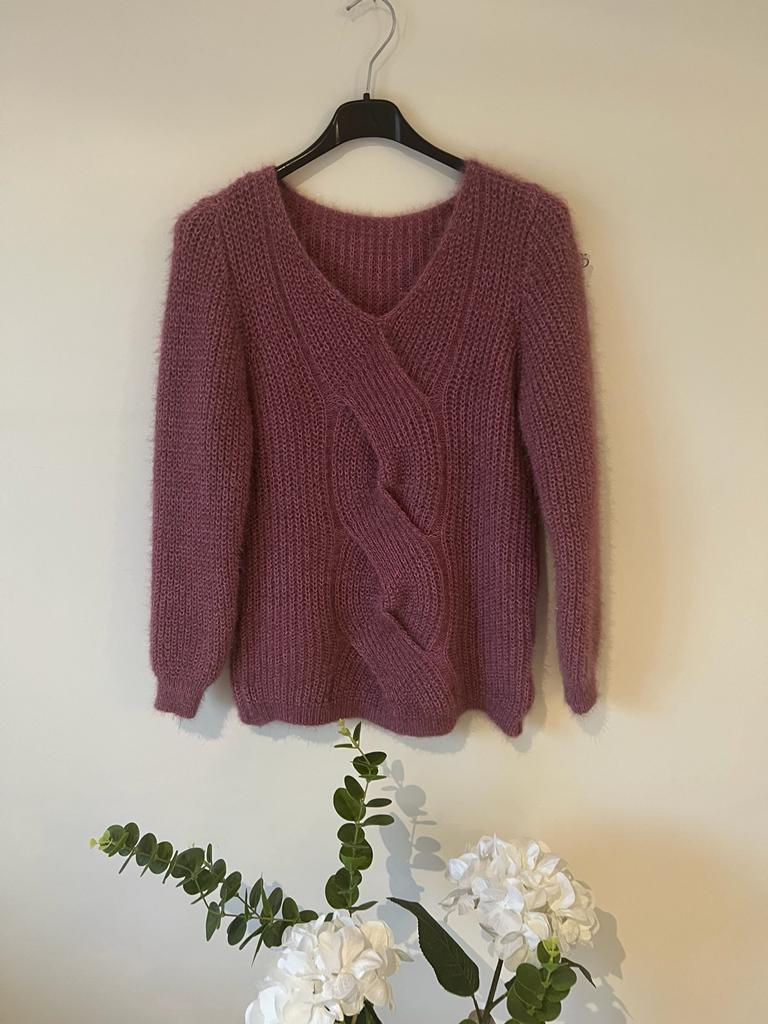 Gray Pull maille avec Mohair torsade Violet