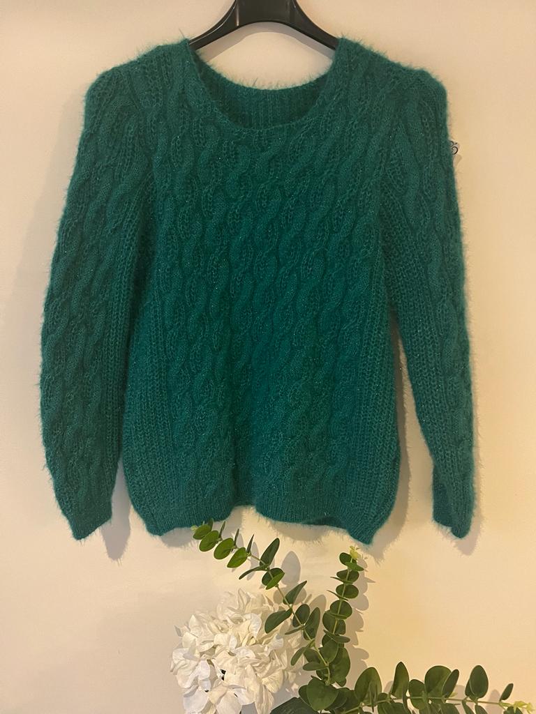 Dark Slate Gray Pull maille tressé avec mohair vert marin