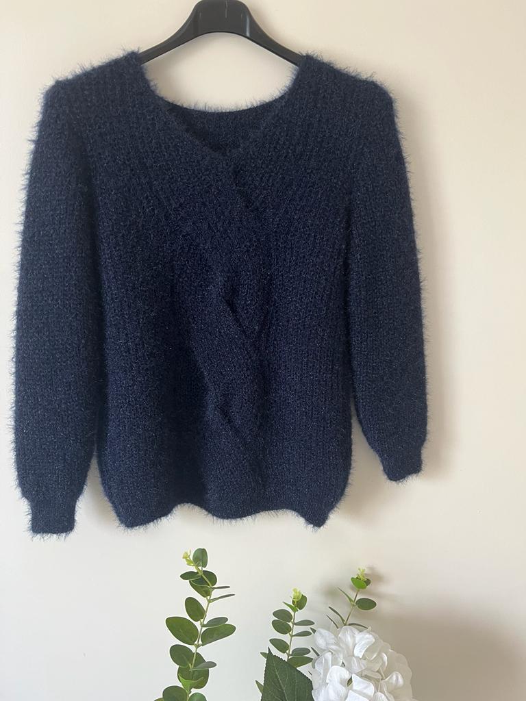 Light Gray Pull maille avec Mohair torsade Bleu marine