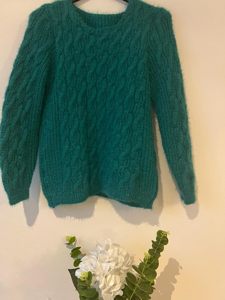 Dark Slate Gray Pull maille tressé avec mohair vert marin