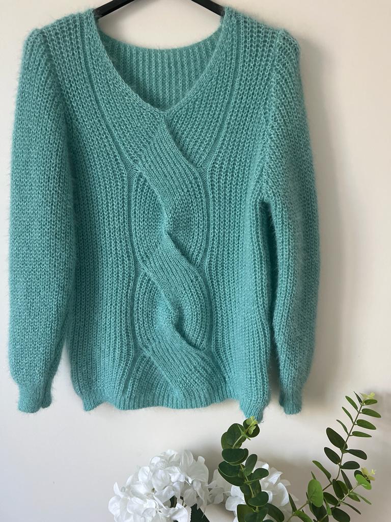 Slate Gray Pull maille avec Mohair torsade Vert Eau