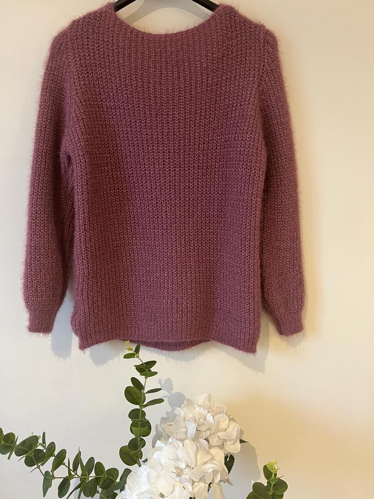 Light Gray Pull maille avec Mohair torsade Violet