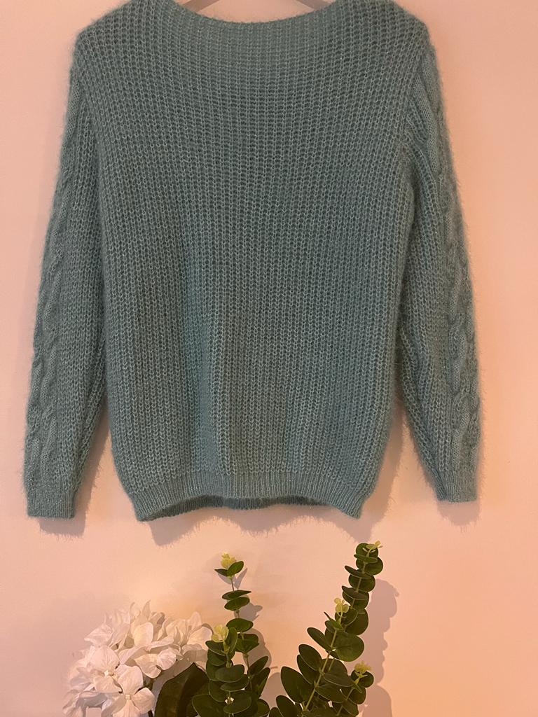 Dim Gray Pull maille tressé avec mohair Vert eau